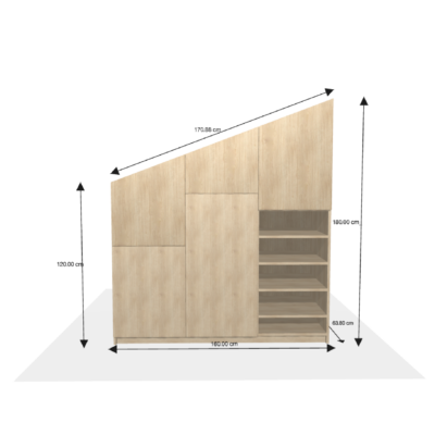Meuble sur-mesure selon votre configuration : 3-sous-escalier - Meuble sous-pente coté-Dimensions L=160 cm H=180 cm P=61.9 cm