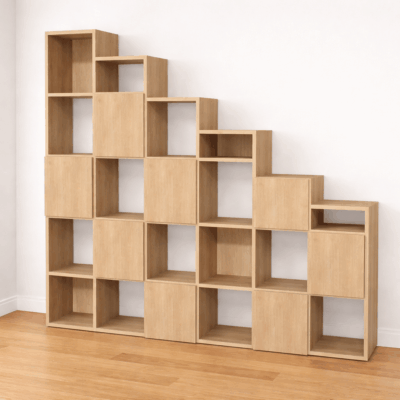 Meuble sous escalier avec cubes de rangement sur mesure