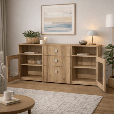 Commode sur mesure avec tiroirs et portes vitrées