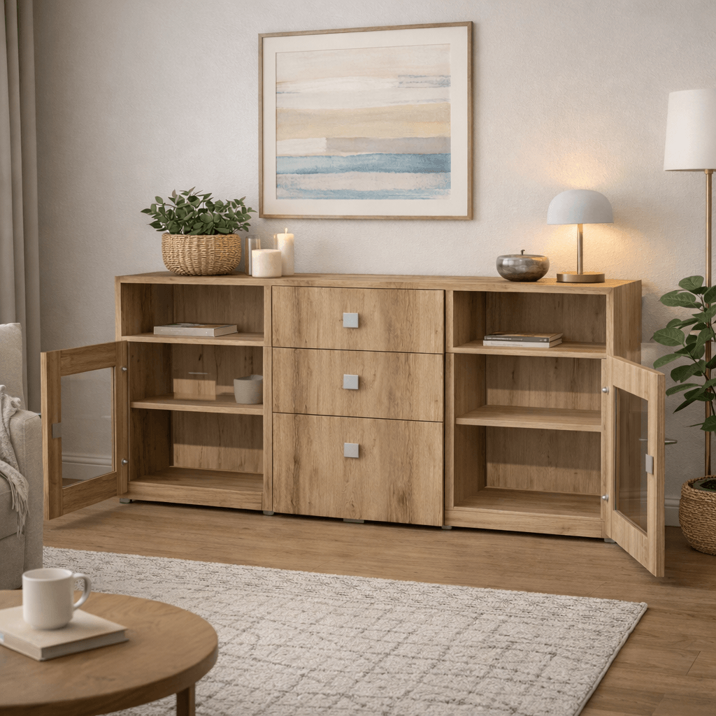Commode sur mesure avec tiroirs et portes vitrées